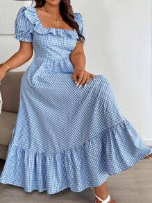 Easura 蓝色格子方领长裙，时尚又适合夏天 - 藍色 - 查看 1