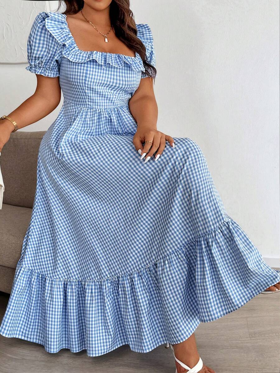 Easura 蓝色格子方领长裙，时尚又适合夏天 - 藍色 - 查看 1
