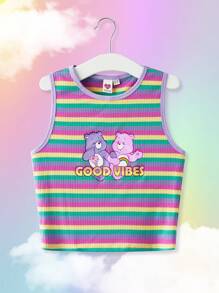 SHEIN X Care Bears Top sin mangas de verano para chica preadolescente con rayas coloridas y diseño de dibujos animados lindos
