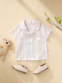 SHEIN 幼儿男童休闲米色条纹短袖 T 恤，适合日常穿着，春夏季