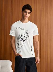 Manfinity VCAY Men Japanese Letter & Figure Anime Graphic Tee, Summer - White - View 3