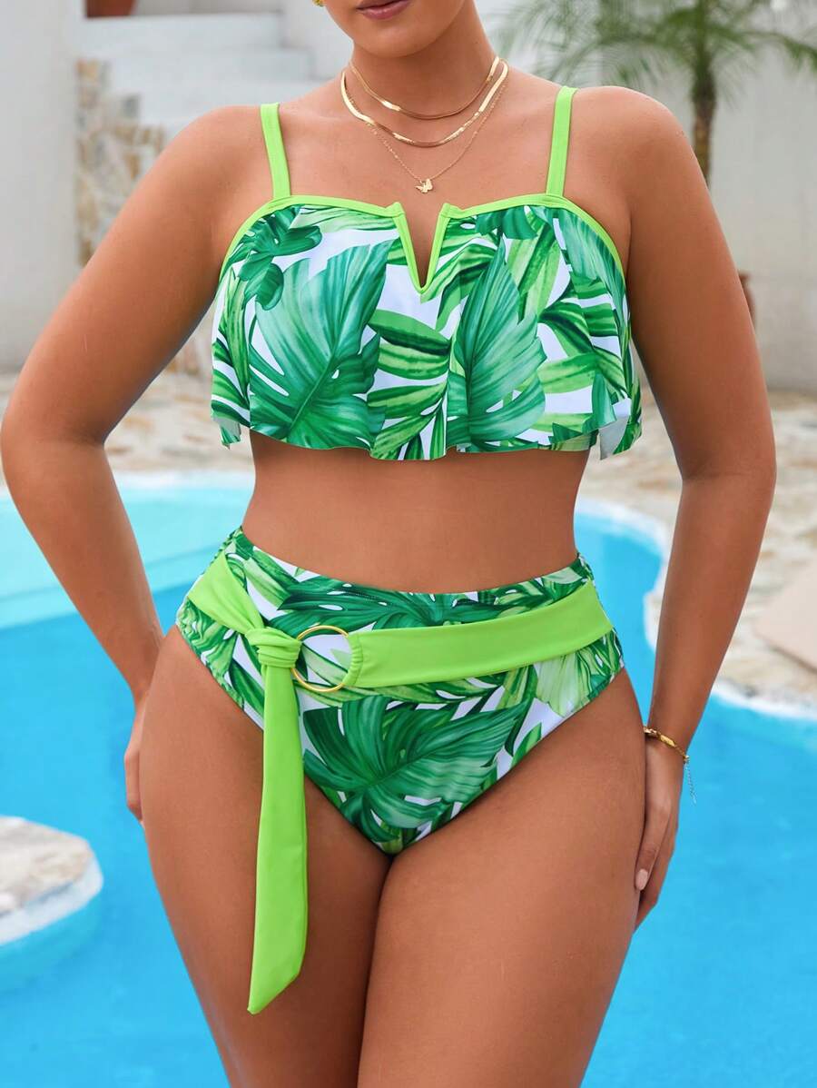 Swim Vcay 2件套加大码女式植物印花细肩带上衣和三角下装度假泳衣 - 彩色 - 查看 1