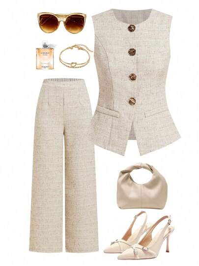 Ellevyn 无袖上衣和长裤休闲亚麻混纺优雅装扮，适合通勤、户外、商务