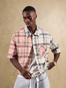SUMWON Camisa informal de manga corta y dos tonos en estilo de bloques de color a cuadros con botones, para uso casual en primavera y verano, de tela ligera