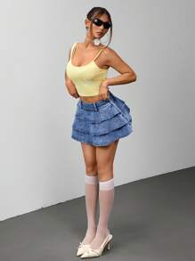 SHEIN ICON Chân váy denim mini thường ngày cho nữ có viền xếp nếp nhiều lớp, mùa hè - Màu xanh lam - Xem 6