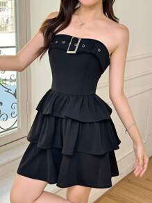 K-Vae Women's Summer Black Tube Top Summer Slim Multi-Layered Fashion Short Dress, Cake Dress, Qianjinfeng Cake Dress - Black - View 7