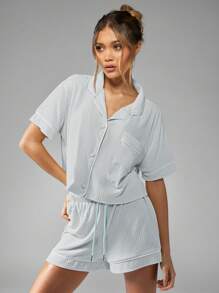 MISSGUIDED 镂空罗纹纽扣短袖睡衣夏季家居服带抽绳卷边短裤轻盈透气睡衣睡前舒适