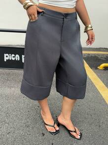 POPSWAY Calças elegantes e casuais de cintura alta, pernas largas, 7/10, para mulheres, com punhos dobrados, estilo solto, calças versáteis