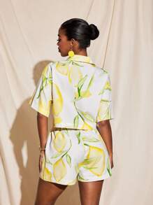 Becci Summer Fruit Lemon Printed Crop Blouse And Drawing String Elastic Waist Shorts Set