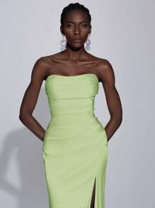 Elitara Women's Simple Solid Color Strapless High Slit Satin Wedding Dress - Mint Green - View 3