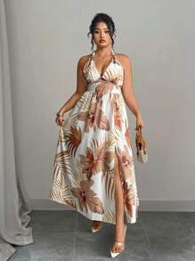 Elenzga Großer Größen Lässig Kleid mit Allover Blumen Muster, ärmellos mit Schlitz und geraffter Taille, geeignet für Sommerstrand - Verschiedenfarbig - Übersicht 7