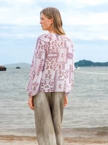 Lumivelle SeasideVibes Women's V-Neck Patchwork Print Semi-Sheer Blouse, Vacation Style Fall Cloth For Women