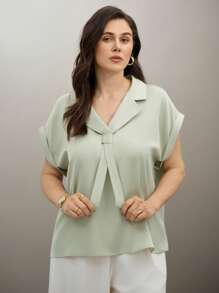 Flouryn Blusa feminina plus size com gola mandarim e manga curta, casual/de trabalho, primavera/verão