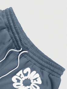 Manfinity EMRG 男士夏季休闲街头字母印花抽绳腰部宽松短裤 - 霧霾藍 - 查看 3