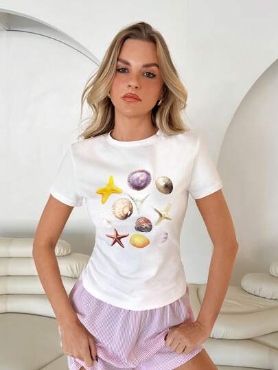 Roylia Summer Women Elegant Fitted Shell & Seafish Graphic Round Neck Short Sleeve T-Shirt