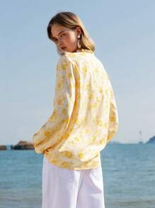 Lumivelle Camisa de mujer de manga larga con estampado floral y volante en el bajo