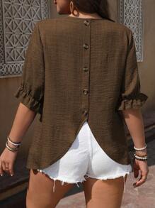 EMERY ROSE Plus Size Women Crew Neck Tie Sleeve Decorative Button Design Shirt - Coffee Brown - View 2