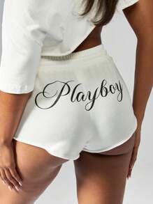 Missguided x Playboy Quần Short Thể Thao Chạy Bộ Quần Áo Thể Thao Mùa Hè Quần Áo Mặc Ở Nhà - trắng - Xem 6