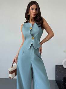 Firerie 新款春季女式卡其色亚麻纹理不对称金属纽扣背心和高腰修身阔腿裤两件套，优雅办公室装 - 薄荷藍 - 查看 5