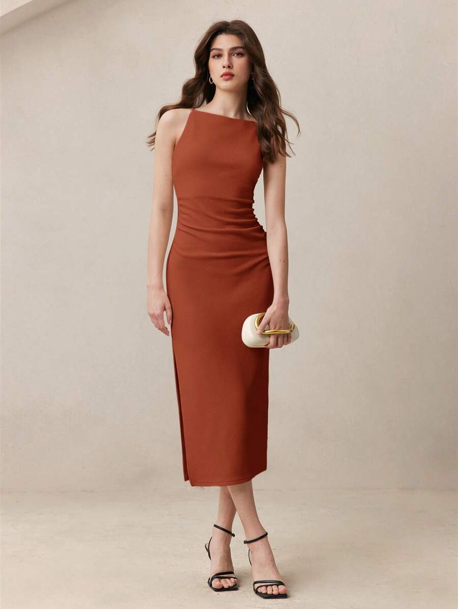 BizChic 砖红色吊带露肩褶皱腰侧开衩连衣裙，现代优雅都市通勤日常百搭浪漫90年代复古风，适合圣诞节、新年、情人节、派对、海滩、毕业典礼、时尚、节日、假日、婚礼宾客、外出、约会、聚会、音乐会、舞台表演、早午餐、机场等多种场合。 - 棕色 - 查看 1