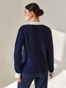 CLARA VERO Women Contrast Hem Detailed Front Button Pocket Detailed Navy Cardigan - Navy Blue - View 2