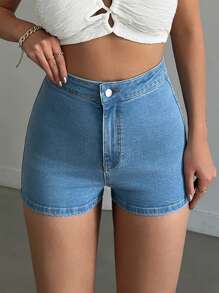 EURMUSE 高腰中度水洗牛仔机车短裤