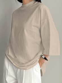 Dazy-Less Loose Casual Solid Color Minimalist Short Sleeve T-Shirt For Women Business Casual Woman Work Clothes - Apricot - View 5