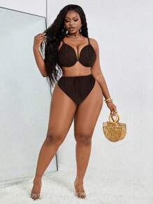 Slaydiva Plus Size Women's Sexy Steel Boned Textured Adjustable Bikini Set For Summer Beach Vacation - Brown - View 7