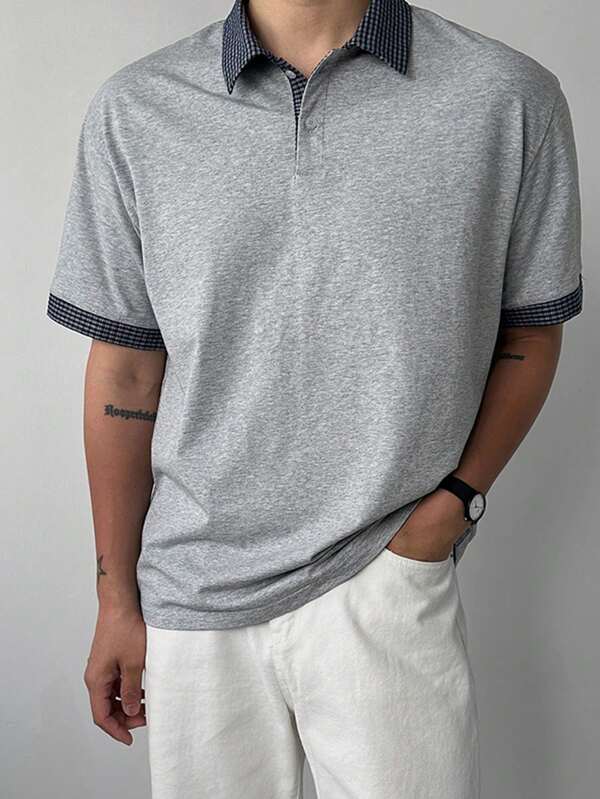 DAZY Camisa tipo polo de hombre con cuello a contraste gris, para verano