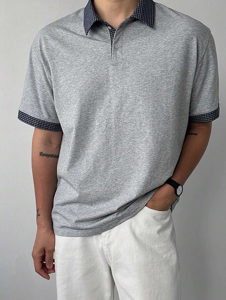 DAZY Camisa tipo polo de hombre con cuello a contraste gris, para verano