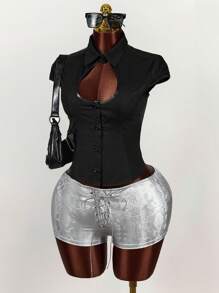 Amplova 女式高领落肩镂空修身束腰衬衫 - 黑色 - 查看 5