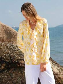 Lumivelle Camisa de mujer de manga larga con estampado floral y volante en el bajo