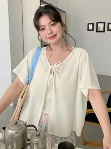 Dazy Plus 纯色纹理面料短款短袖系带白色开衫 - 杏色 - 查看 5