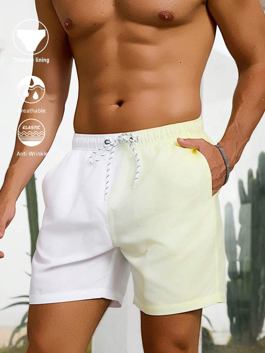 Palasendo Herrshorts med dragsko i midjan och sidofickor, färgblocksdesign, avslappnade strandshorts - Gul - Visa 1