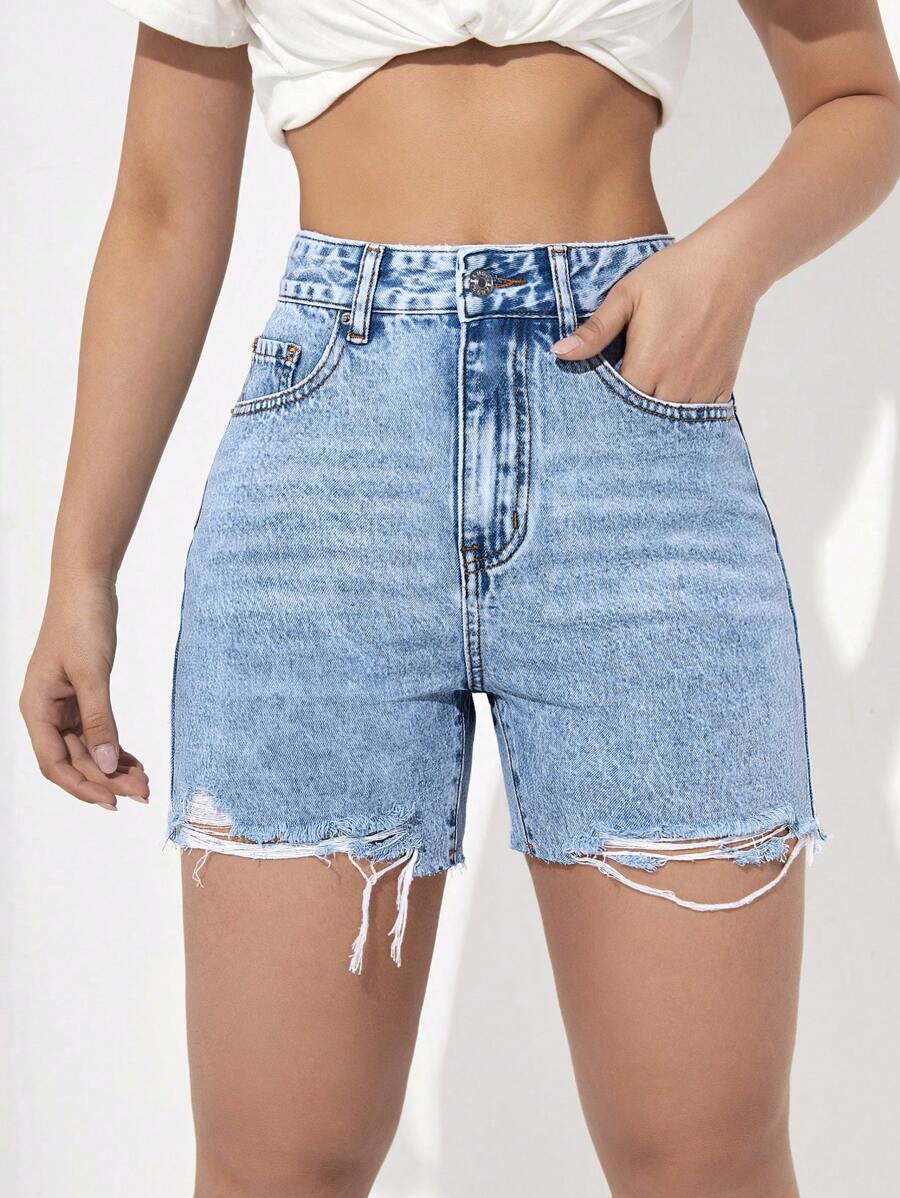 SHEIN EZwear Quần short denim mùa hè giản dị, đa năng, có túi trơn viền tua rua - Rửa trung bình - Xem 1
