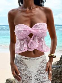 Opulessa Top corto sin tirantes con decoración floral para mujer - Rosa Pálido - Ver 4