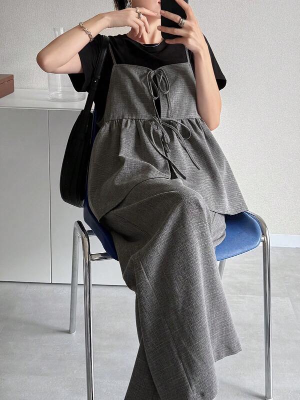 FRIFUL 2pcs Women Plain Dark Grey Lace-Up Pleated Set, Versatile Business Casual Holiday Outfit