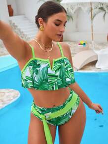 Swim Vcay 2件套加大码女式植物印花细肩带上衣和三角下装度假泳衣 - 彩色 - 查看 4