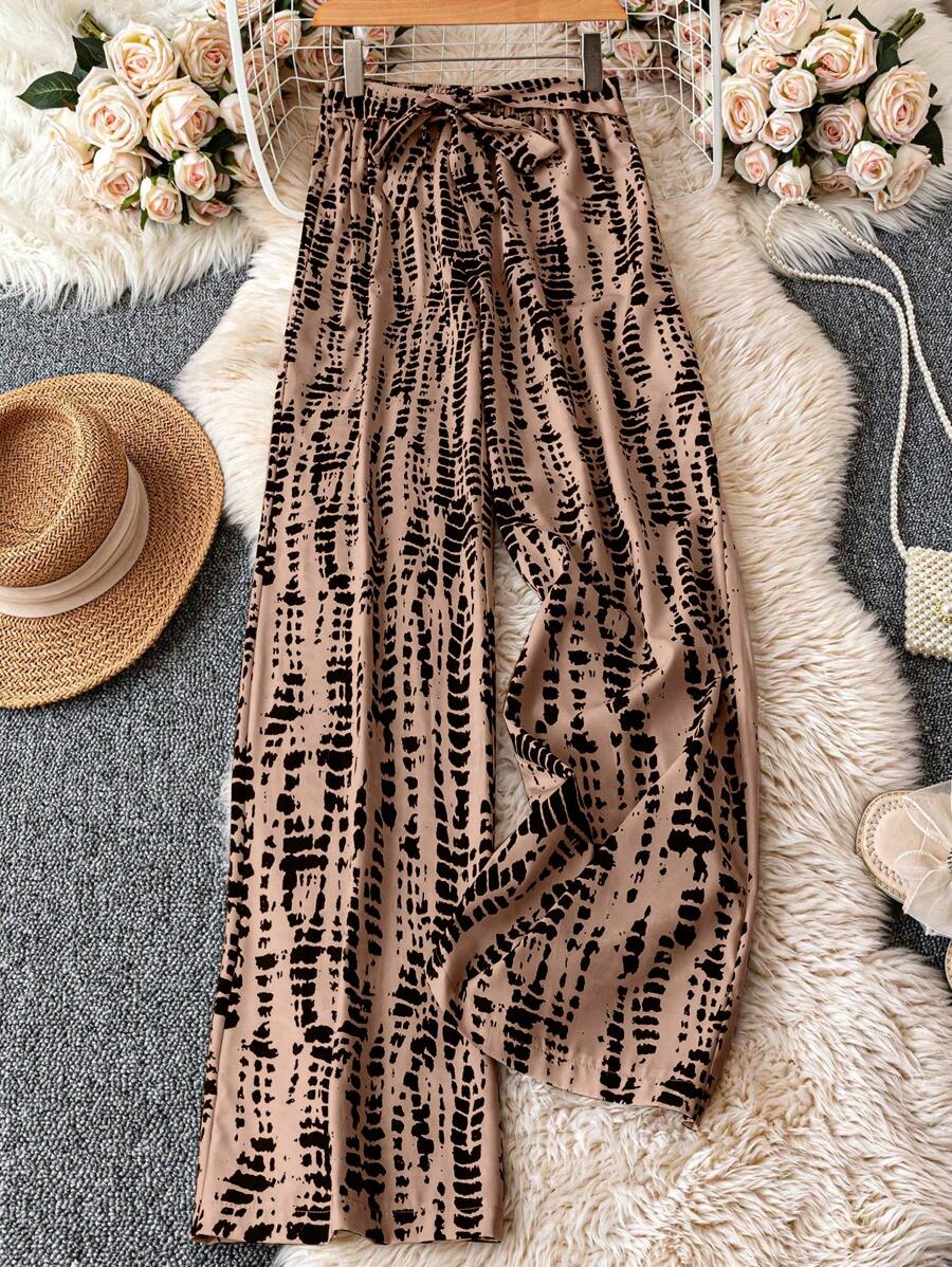 SHEIN Tall Quần dài nữ in họa tiết rộng rãi thắt nơ dây rút thanh lịch đi nghỉ mát & thường ngày - màu nâu - Xem 1