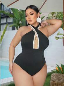 Swim SXY 大码女式纯色荷叶边交叉带性感度假连体泳衣 - 黑色 - 查看 3