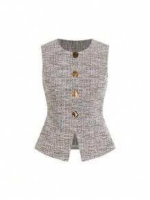 Ellevyn Women's French Style Sleeveless Vest With Metal Button Shirt, Commute Wear Summer - Multicolor - View 7