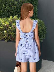 SHEIN Tween Girl Striped Square Neck Cap Sleeve Loose Jumpsuit For Vacation - Blue - View 1