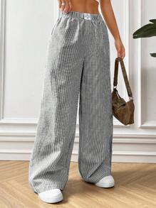 SHEIN PETITE CURVE 大码女式条纹印花贴花梭织弹力腰休闲裤，商务休闲风格，四季皆宜，情人节礼物 - 黑與白 - 查看 3