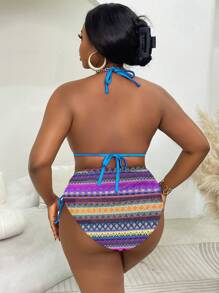 SHEIN Swim Curve 大尺碼女款 2件組/套 紋理面料綁帶式性感鏤空比基尼泳衣套裝，適合海灘與度假，適用於夏季海灘假期 - 彩色 - 查看 2