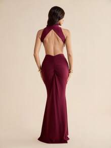 SHEIN Tall 女士纯色褶饰鱼尾下摆优雅无袖露背连衣裙