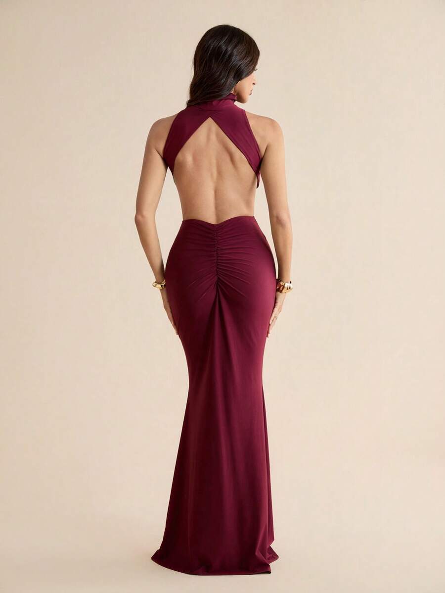 SHEIN Tall 女士纯色褶饰鱼尾下摆优雅无袖露背连衣裙