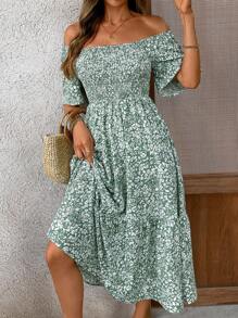 女式简约清新绿色碎花全身印花长裙，短袖