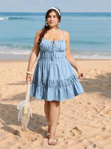 SHEIN MOD Plus Size Ruffled Open Back Dress, Fashionable For Summer - Blue - View 3