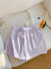 Comfortcana Lila karierte Weit-Bein Hose in Große Größen, locker geschnitten, Lässig & Urlaubsstil für den Sommer