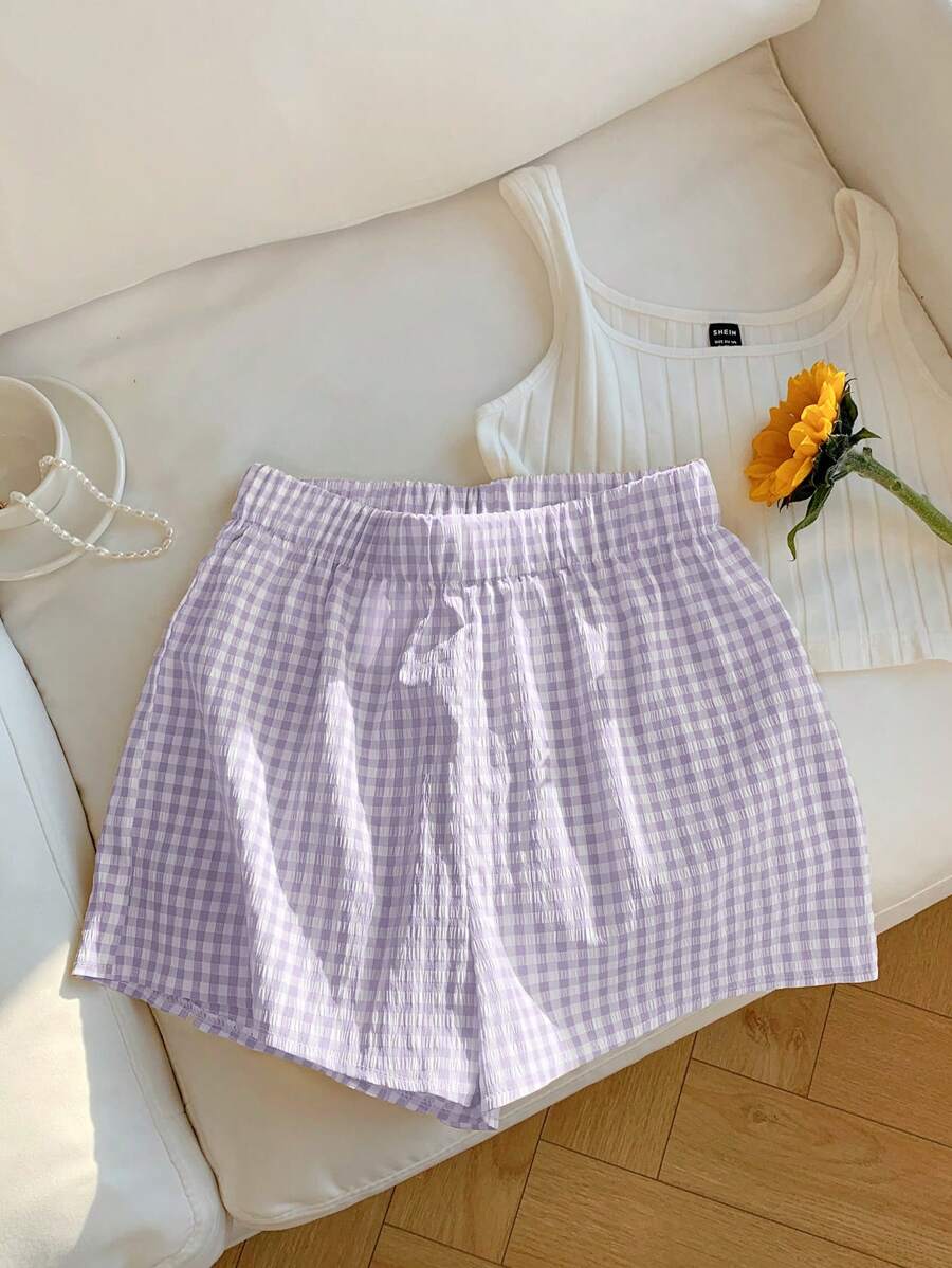 Comfortcana Lila karierte Weit-Bein Hose in Große Größen, locker geschnitten, Lässig & Urlaubsstil für den Sommer